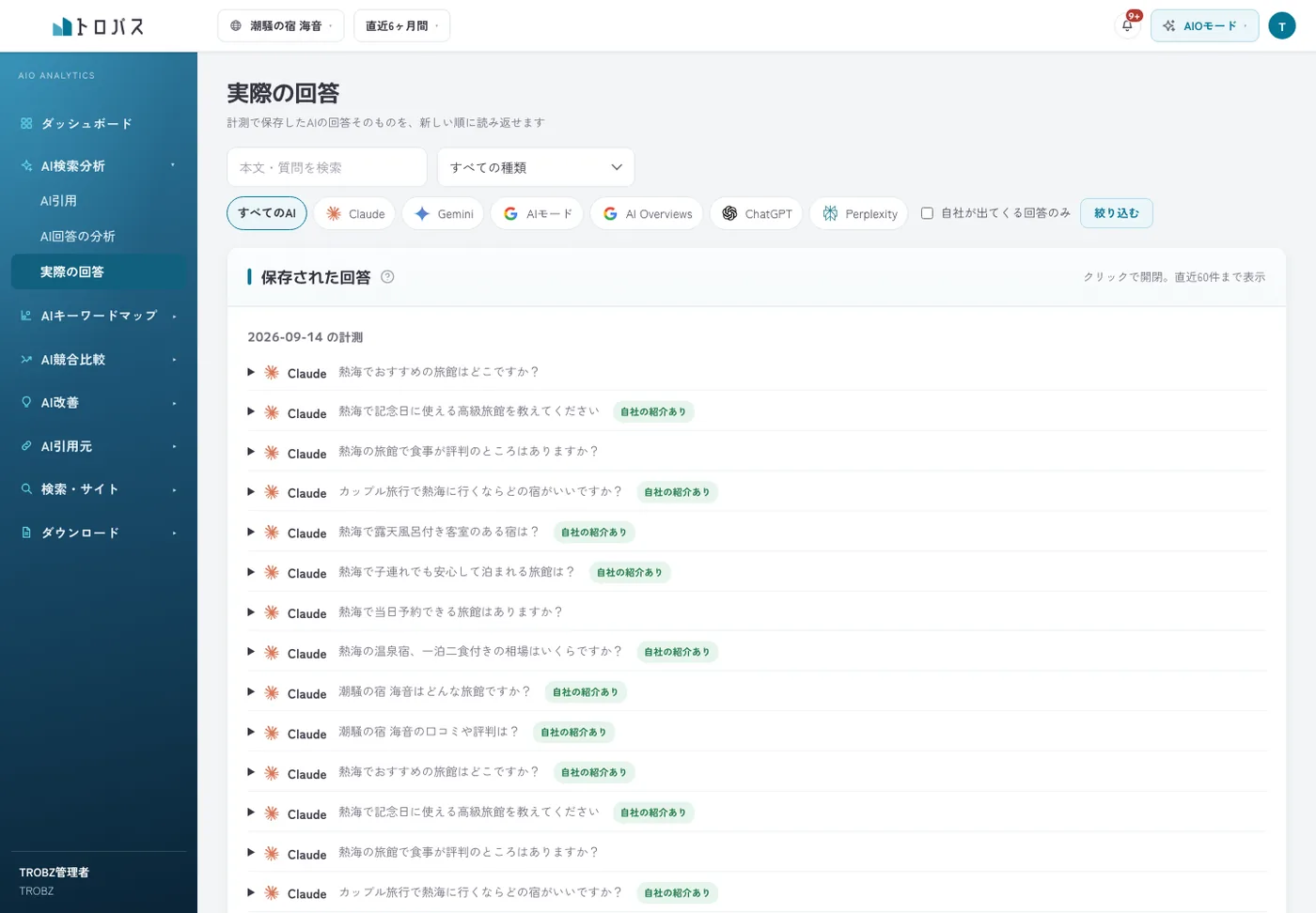 AI検索分析の「実際の回答」画面