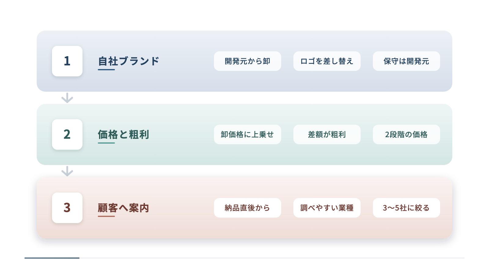 自社ブランドで提供する3つの手順を縦に並べています。OEMでロゴとツール名を差し替えて用意し、卸価格に支援の対価を上乗せして差額を粗利とし、納品直後の顧客からAIで調べられやすい業種を優先して3〜5社に絞って案内します。