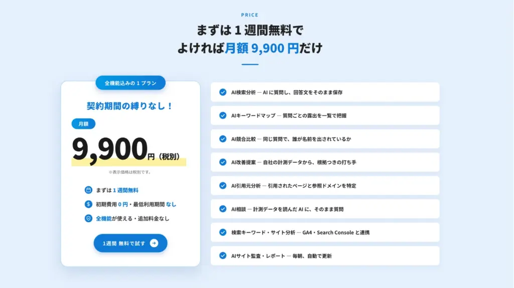 まずは1週間無料。続ける場合は月額9,900円(税別)